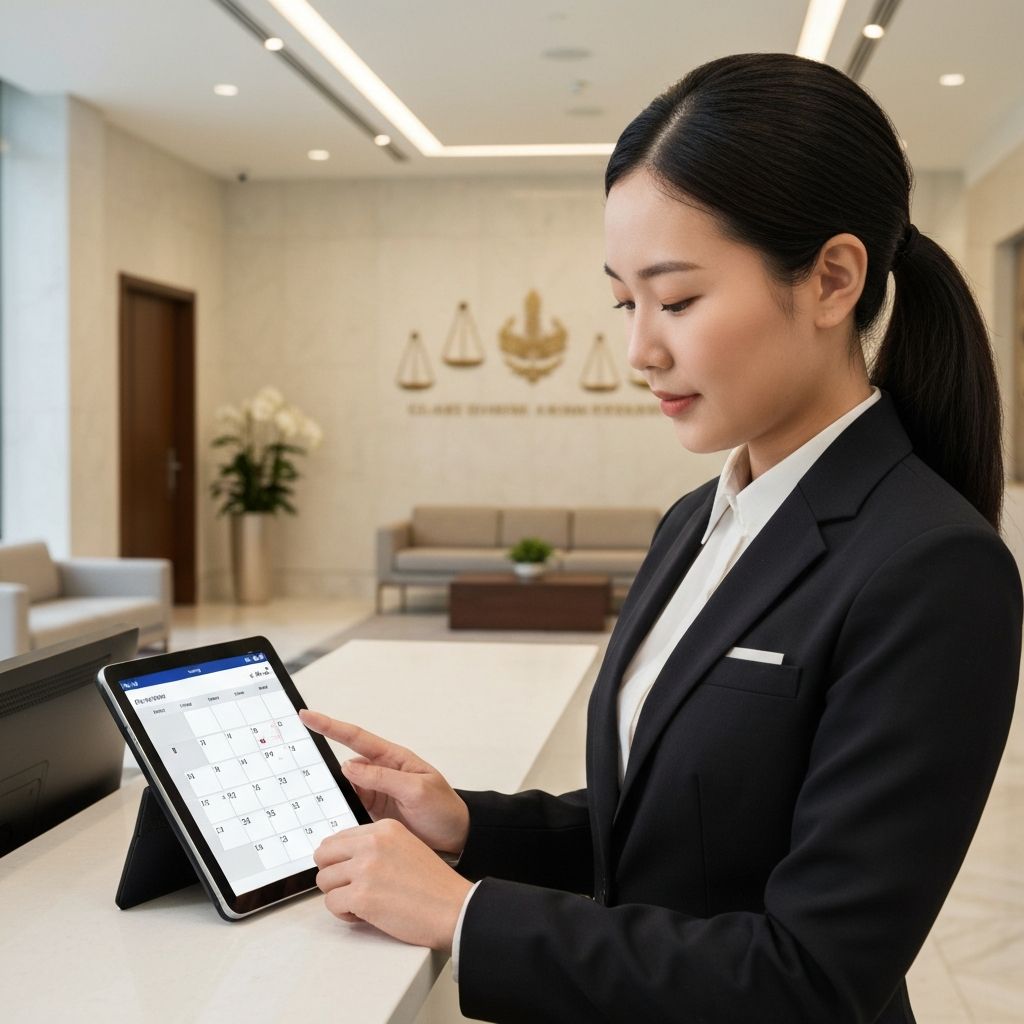 Recepcionista de escritório de advocacia agendando consultas em tablet com calendário digital