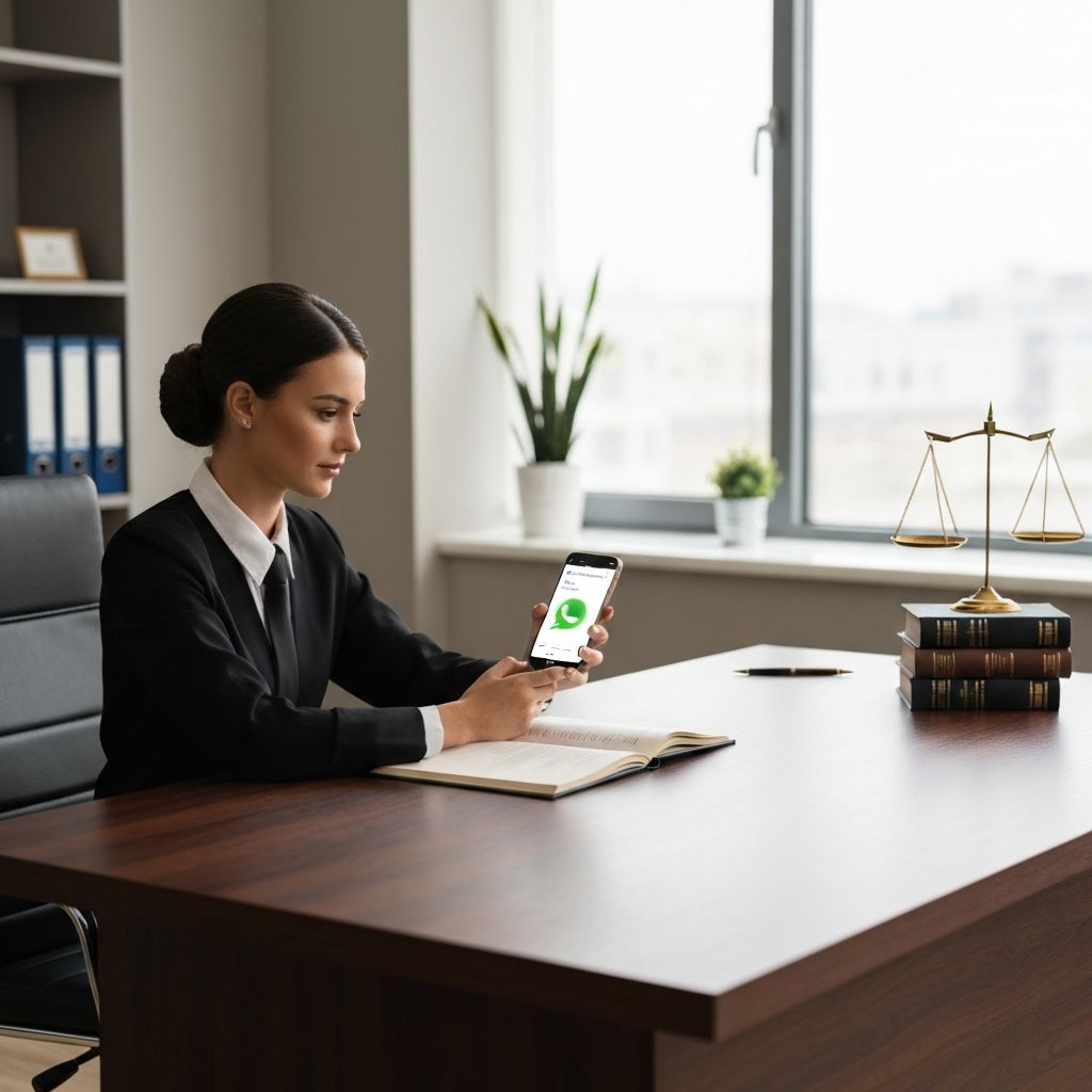 Advogado em escritório moderno com smartphone mostrando atendimento automatizado via WhatsApp e balanças de justiça ao fundo