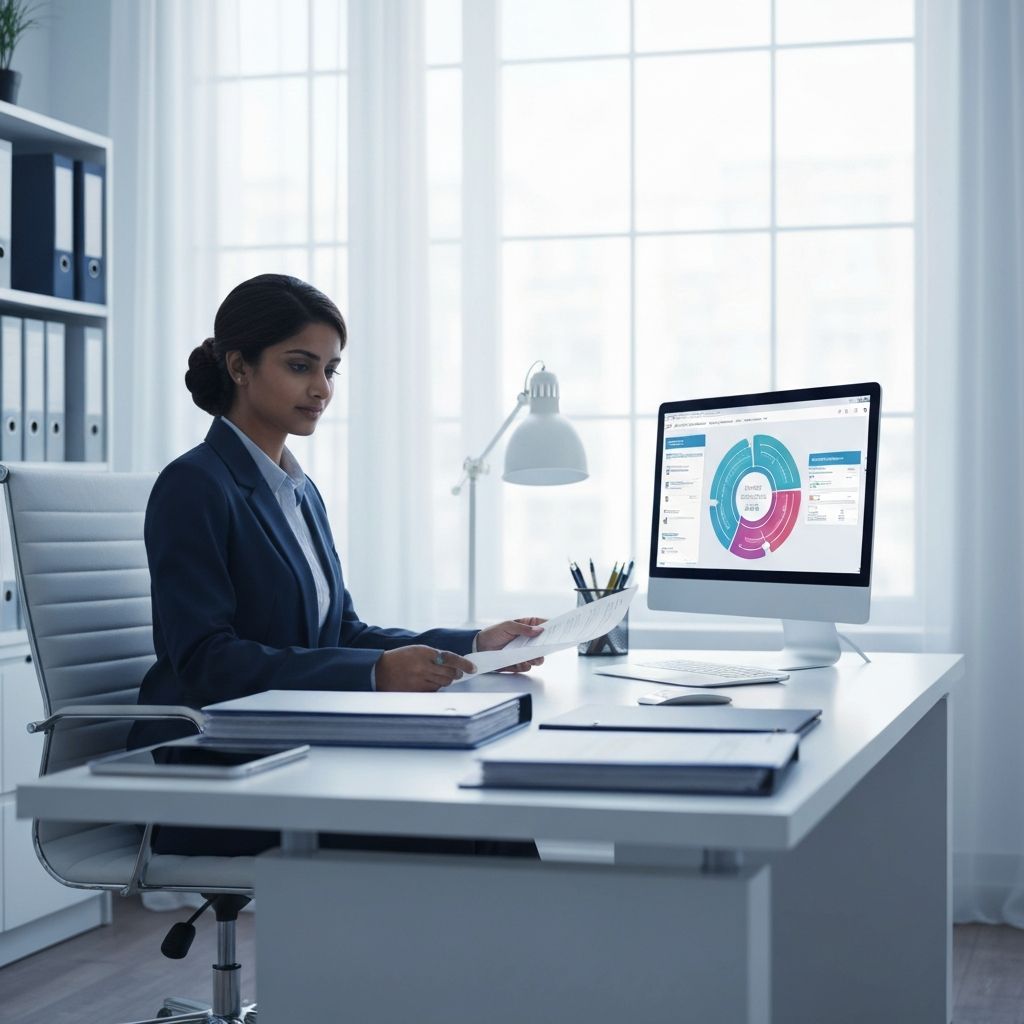 Contador em escritório moderno com automação de fluxos de trabalho visível no computador e documentos organizados