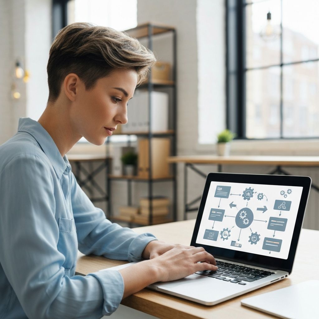 Empresário de pequena empresa revisando fluxo de automação de processos no laptop em escritório moderno