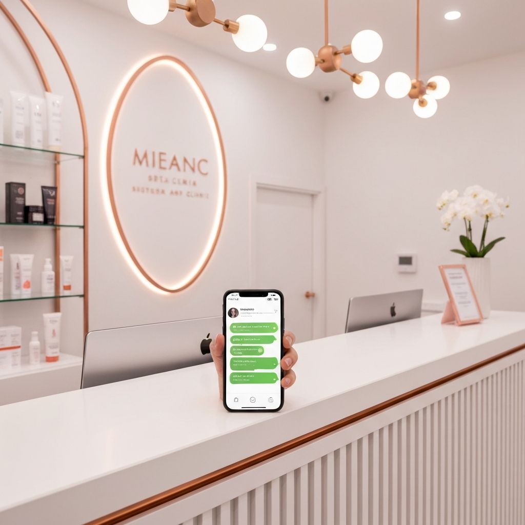 Recepção de clínica de estética com smartphone mostrando atendimento automatizado via WhatsApp