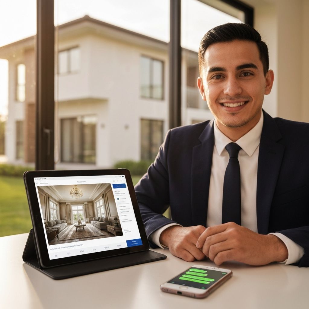 Corretor de imóveis mostrando anúncio de propriedade no tablet com WhatsApp aberto no smartphone para atendimento automático