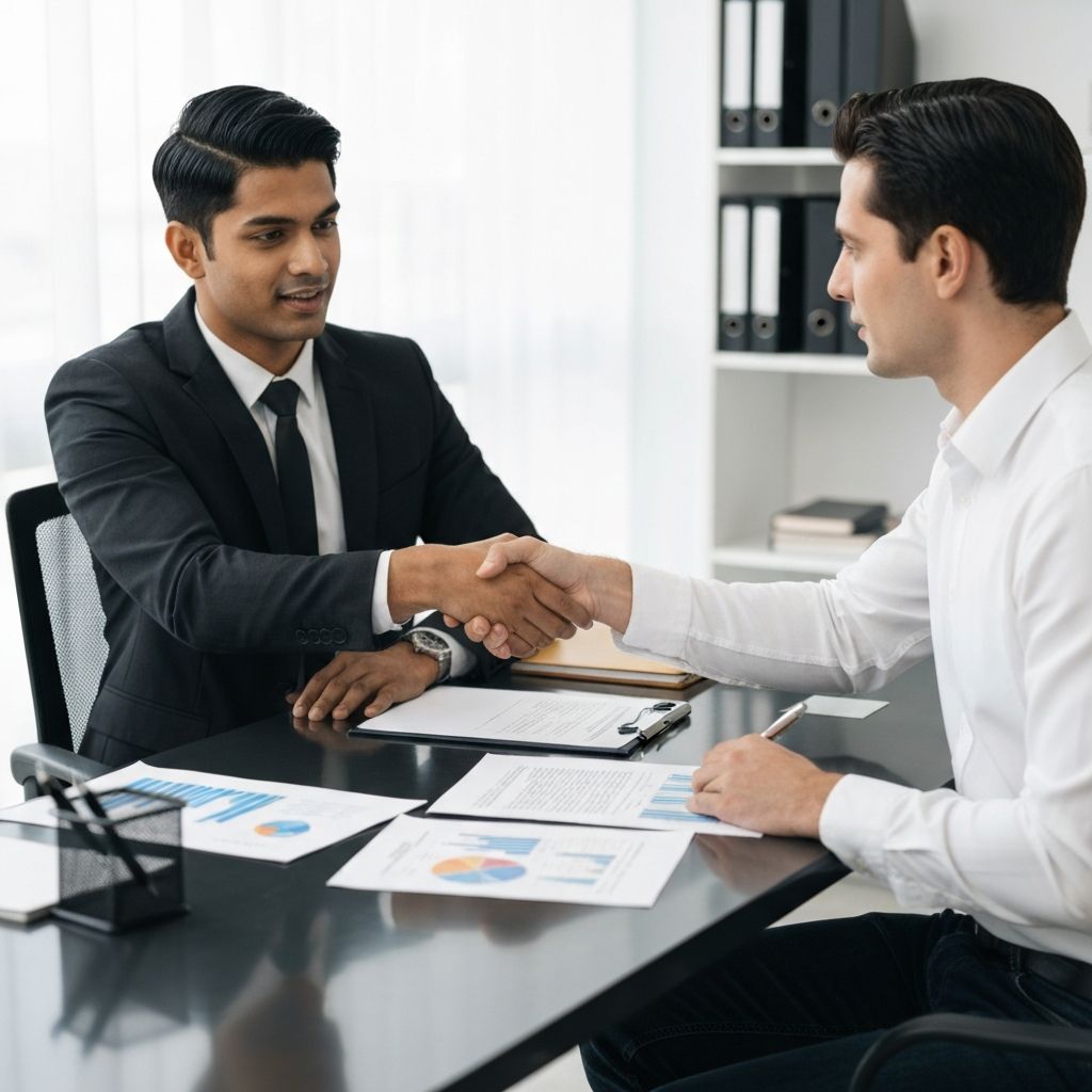 Contador assinando contrato com novo cliente empresário em escritório contábil moderno