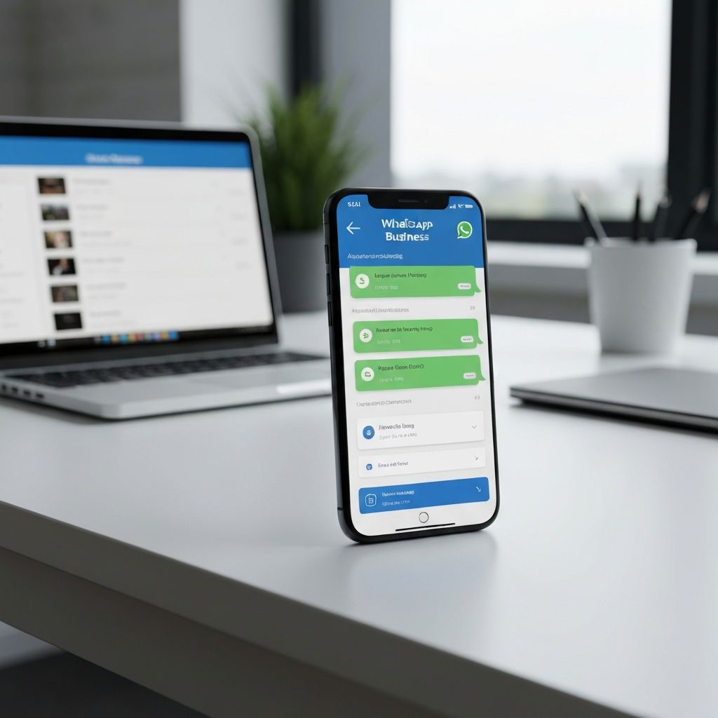 Smartphone exibindo interface do WhatsApp Business com fluxos de mensagens automatizadas e chatbot em funcionamento