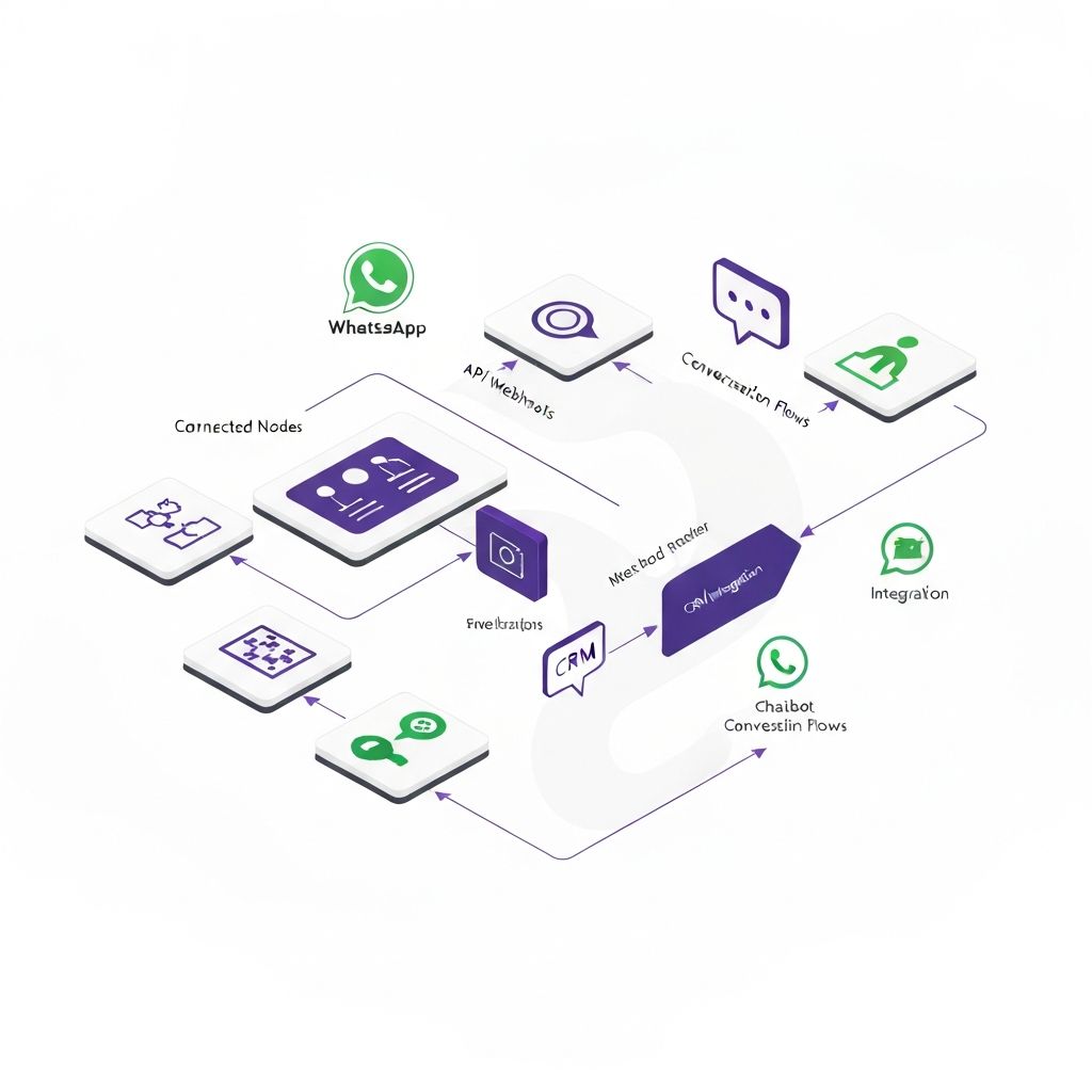 Diagrama de fluxo de automação no WhatsApp mostrando gatilhos, condições e integração com sistemas externos via API