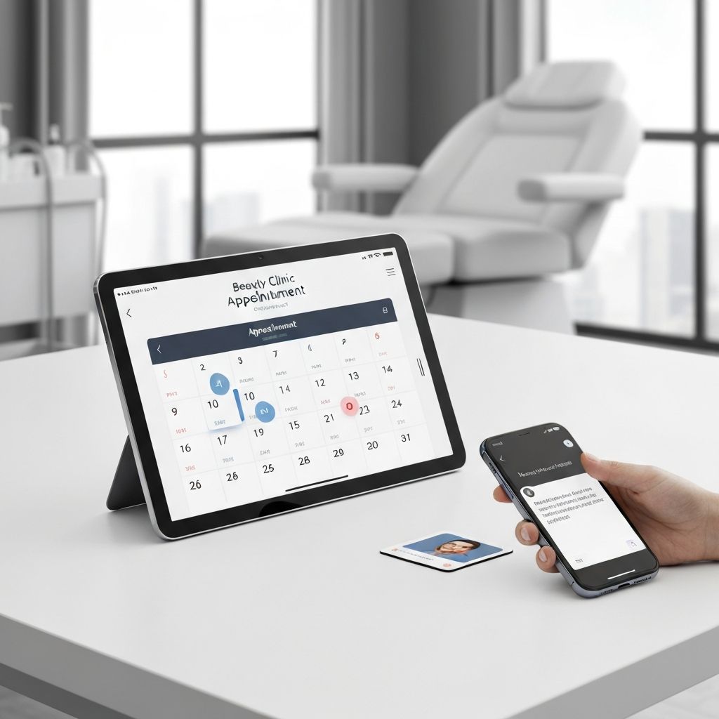 Tablet com calendário de agendamentos de clínica de estética e smartphone com lembretes automáticos de confirmação