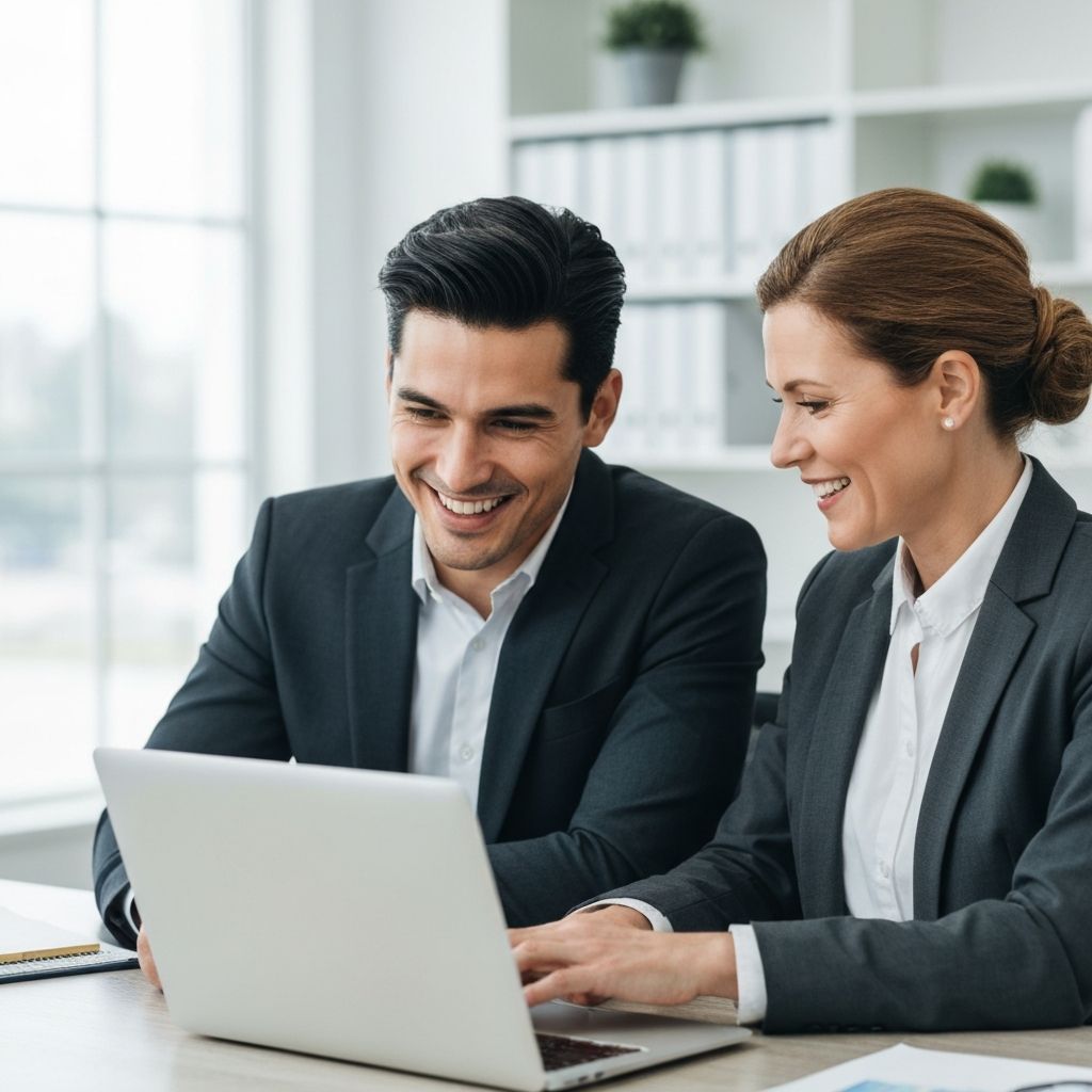 Contador e cliente empresário revisando resultados financeiros positivos juntos em escritório contábil moderno