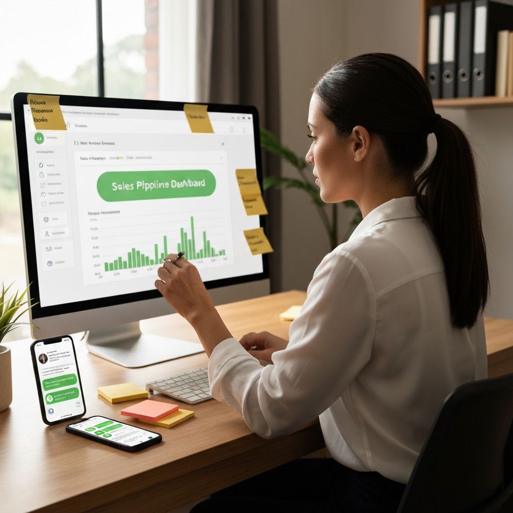 Vendedor analisando pipeline de follow-up no computador com WhatsApp aberto no celular e lembretes de contato