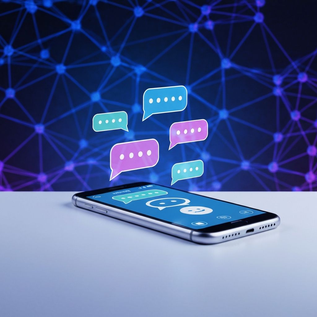 Conceito de chatbot com inteligência artificial mostrando bolhas de conversa holográficas e rede neural no smartphone