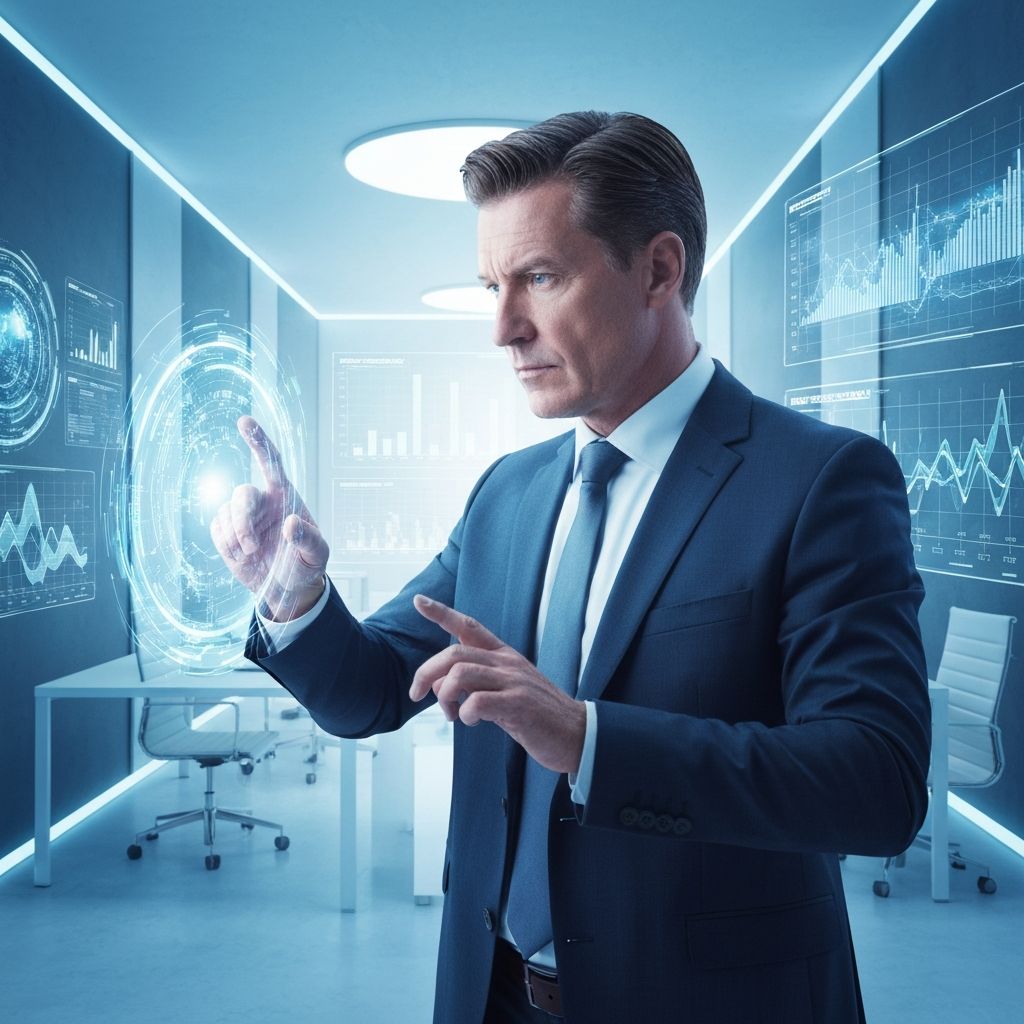 Executivo interagindo com assistente de inteligência artificial holográfico com gráficos de crescimento empresarial ao fundo