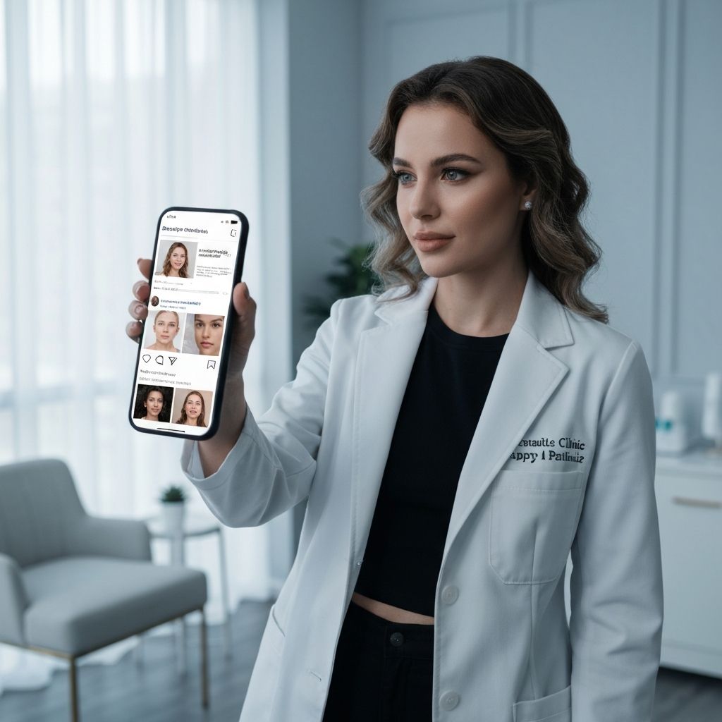 Profissional de estética criando conteúdo para Instagram com feed de clínica de estética visível no smartphone