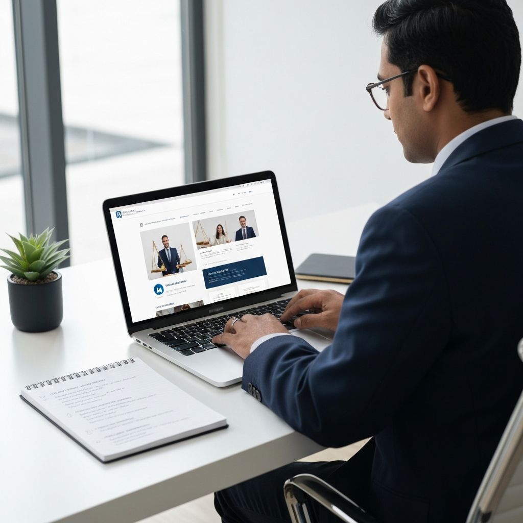 Advogado construindo presença digital com website profissional e LinkedIn abertos no computador em escritório