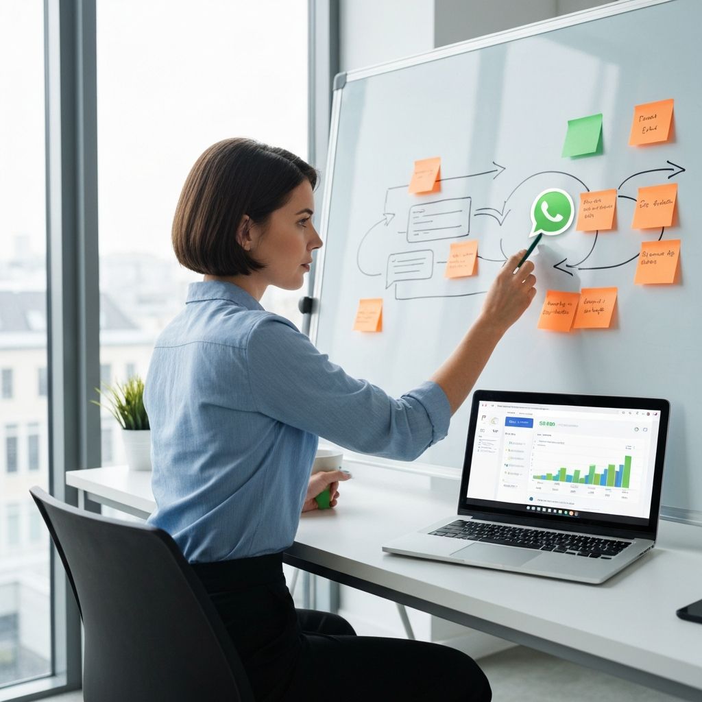 Profissional planejando fluxo de automação no WhatsApp em quadro branco com diagrama e laptop exibindo painel de CRM