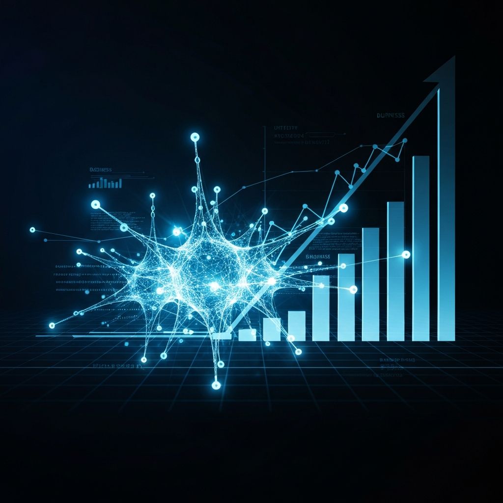 Visualização futurista de rede neural com gráficos de tendências de inteligência artificial para 2024 e além
