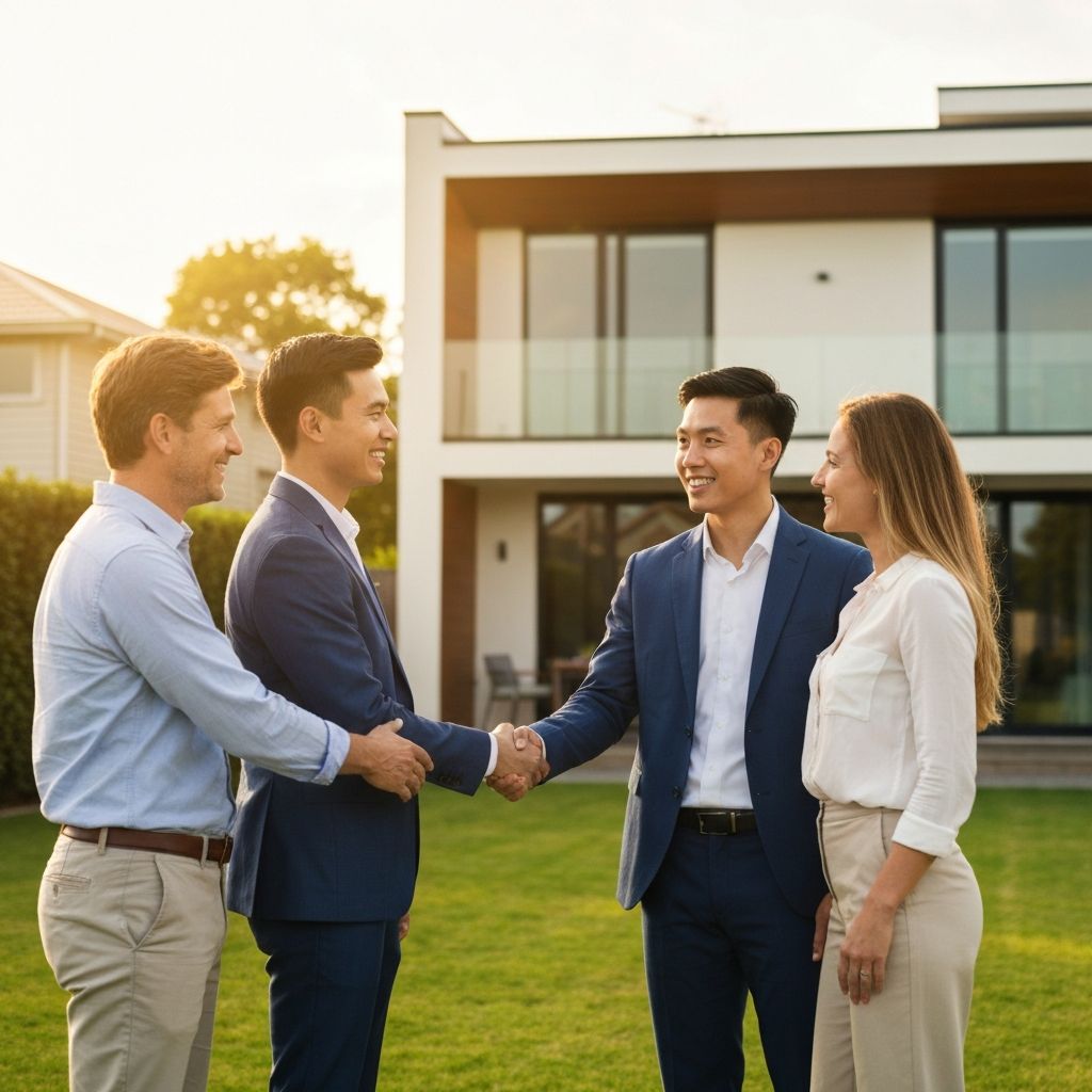 Corretor de imóveis celebrando fechamento de venda com casal na frente de casa moderna