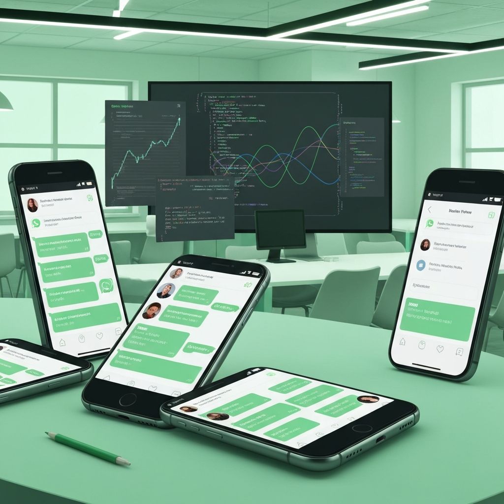 Múltiplos smartphones exibindo conversas do WhatsApp Business API com fluxo de automação para empresas